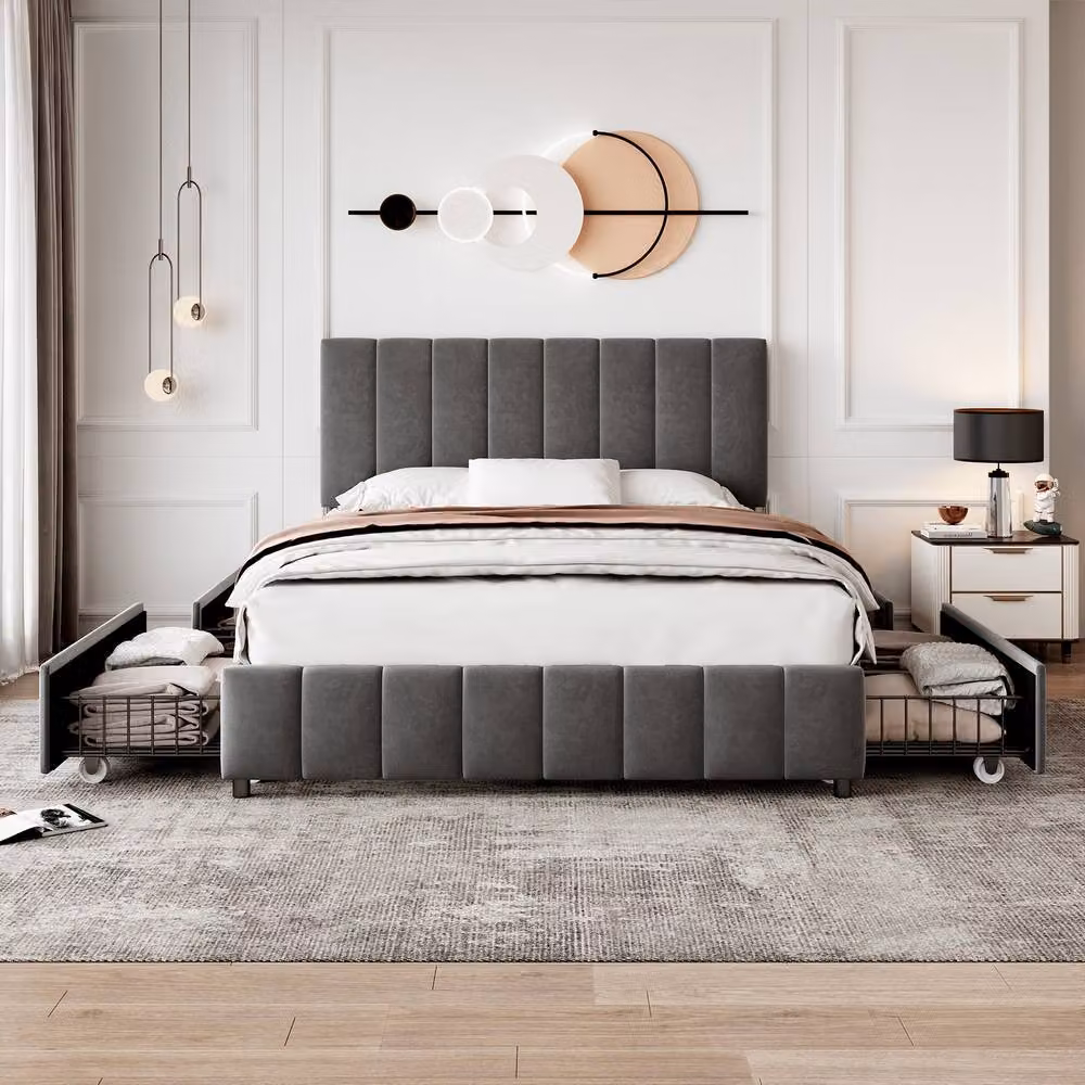 Merax Double Velvet Bed with 4 Drawers and Channel-Tufted Headboard, Grey, W/D/H: 140 x 200 x 135 cm – 2