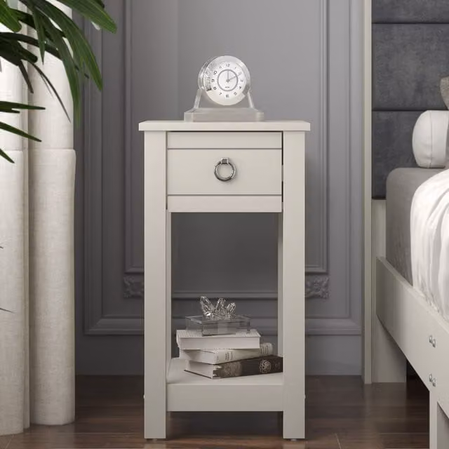 Galano Laurel Light Grey Nightstand with Storage Drawer, W/D/H: 35.0 x 32.0 x 59.5 cm
