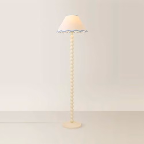 ValueLights Blue and Beige Fabric Floor Lamp with Wood Base, H 145 cm x W 40 cm x D 40 cm
