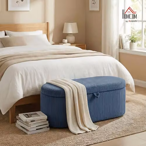 HOMCOM Corduroy Upholstered Storage Ottoman in Blue, W/D/H: 105 x 51 x 49 cm – 2