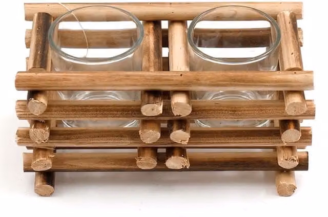 KDMK Brown Stacked Wood Double Tealight Holder, Height: 17 cm