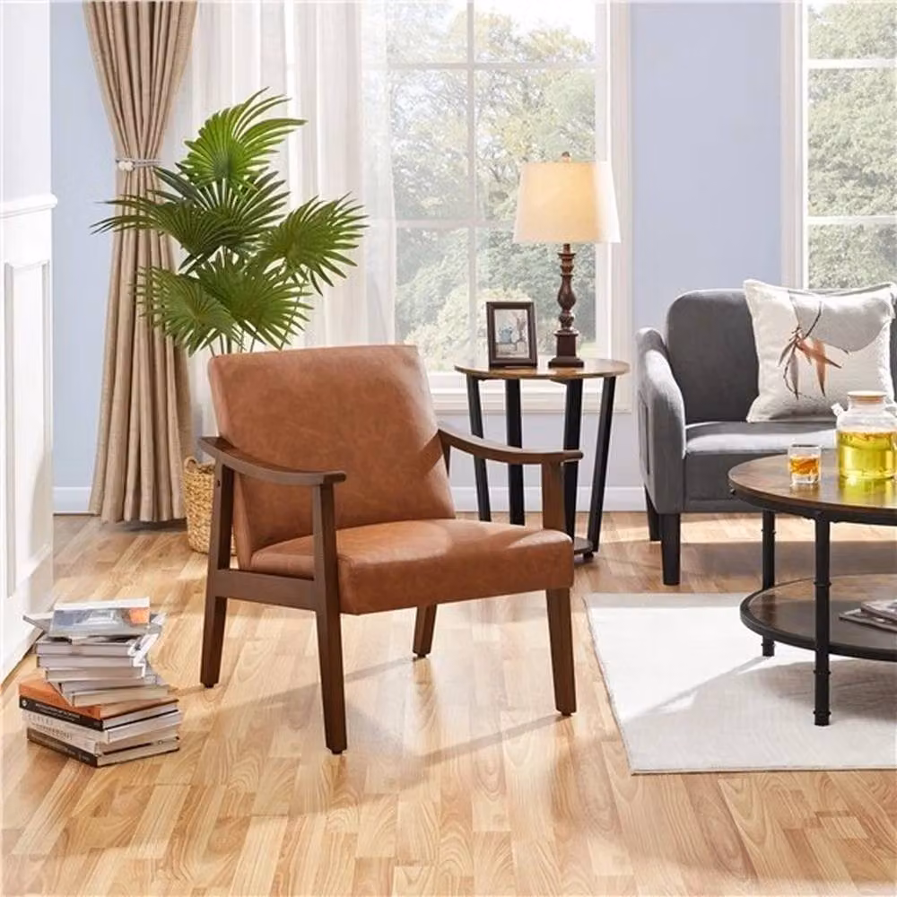 EONLION Mid-Century Faux Leather Upholstered Accent Chair in Brown – 4