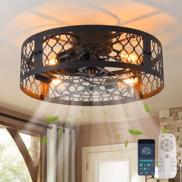 Garwarm Industrial Style Metal Caged Ceiling Fan with 4 Lights and Remote Control, Black, Diameter: 50 cm – 1