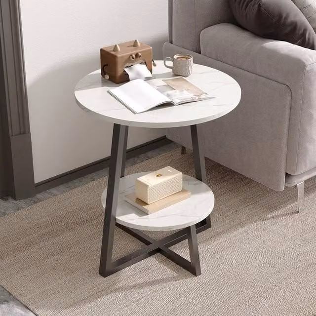 SPETLEK Round 2 Tier Marble Effect Side End Table in White – 1
