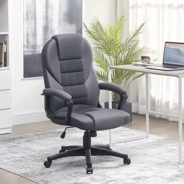 KORVIXA Grey Synthetic Leather High Back Executive Office Chair with Armrests and Castors, Height: 100 cm