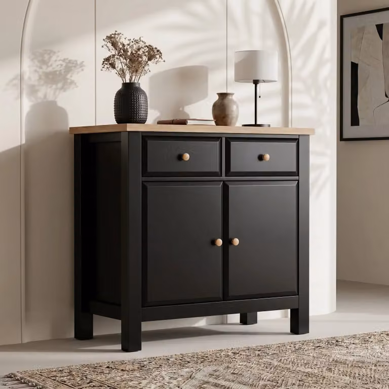 DHS Black Sideboard with Oak Top and Drawers, W/D/H: 81.0 x 39.5 x 81.0 cm