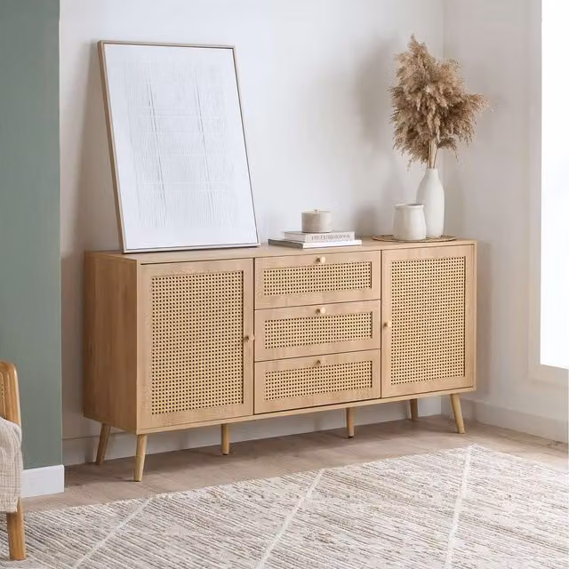 Croxley Modern Oak Sideboard with 2 Doors, 3 Drawers and Rattan Details
