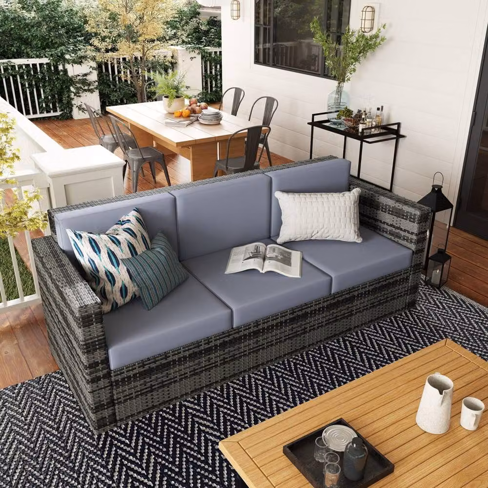 Wyld Haus Neloro 3 Seater Outdoor Sofa in Mixed Grey PE Rattan with Washable Cushions – 3