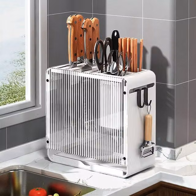 Livingandhome Acrylic Knife and Utensil Holder with Drain Tray, White and Transparent, Width: 11 cm