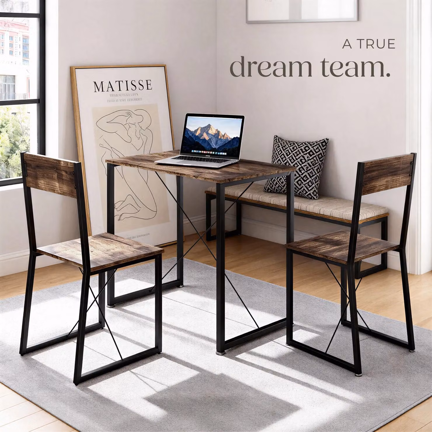 TECTAKE Margate 3-Piece Dining Table and Chairs Set in Brown and Black Industrial Style – 8