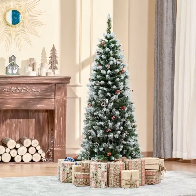 HOMCOM 5ft Artificial Christmas Pencil Tree with Pinecone Decorations in Green – 1