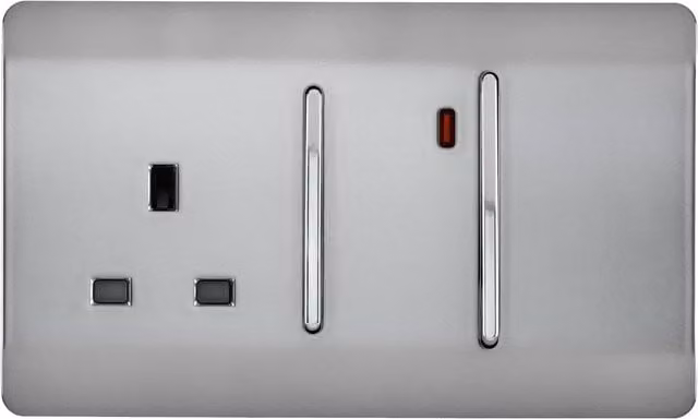 Trendi 45A Cooker Switch with Plug Socket and Neon Insert in Brushed Steel Silver/Grey