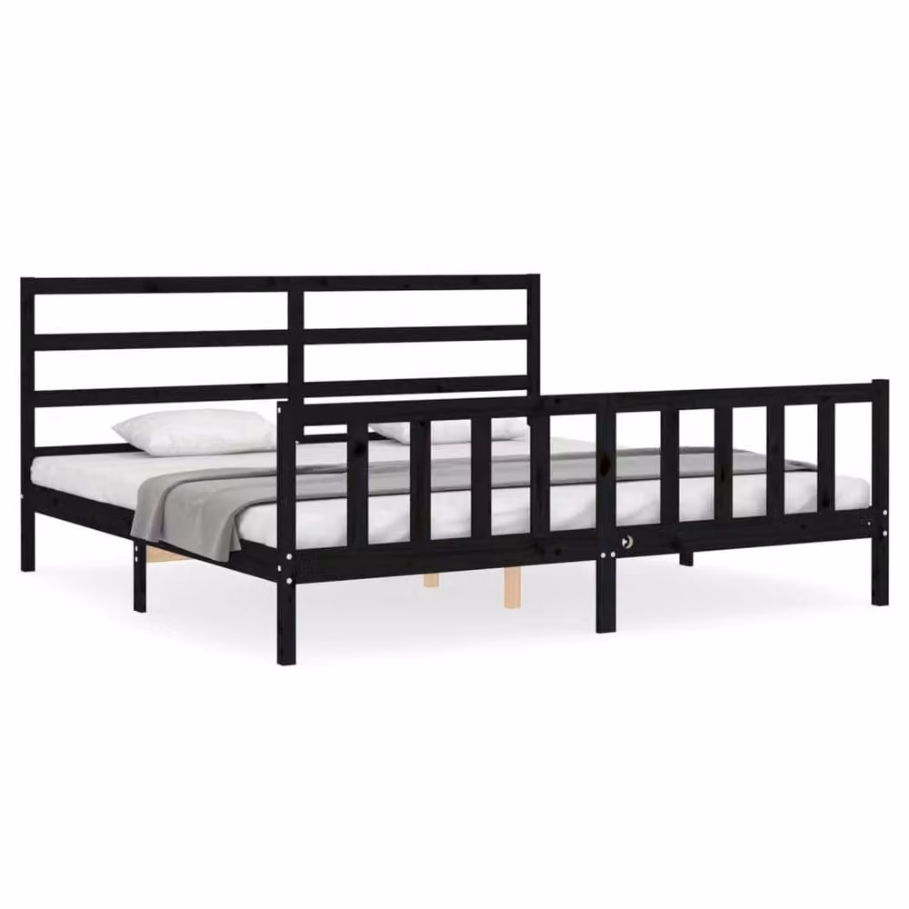 Berkfield Home Beautiful Bed Frame with Headboard in Black Solid Pine Wood, W/D/H: 200 x 200 x 205.5 cm – 3