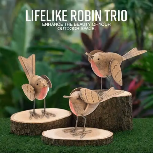 GloBrite Set of 3 Hand-Painted Robin Garden Ornaments in Brown and Multicolour Resin – 2