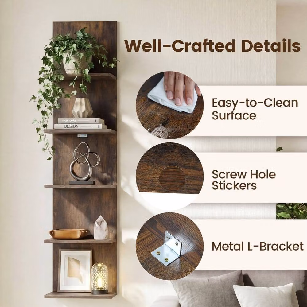 KORVIXA Brown Industrial Vertical Floating Wall Shelf Unit with Back Panel – 5