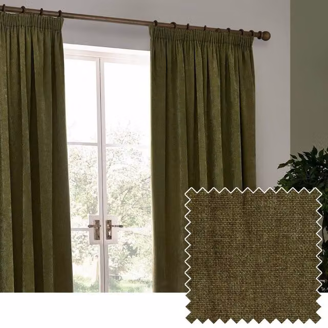 Yard Heavy Chenille Blackout Pencil Pleat Curtain Pair in Green, Width: 117 cm, Drop: 183 cm