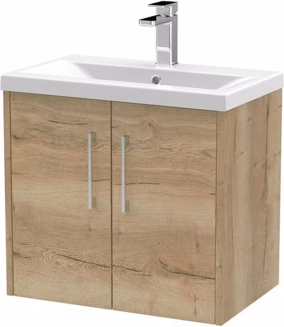 Balterley Wall Mounted 2 Door Bathroom Vanity Unit with Basin in Autumn Oak Brown, W/D/H: 60.0 x 39.0 x 57.9 cm
