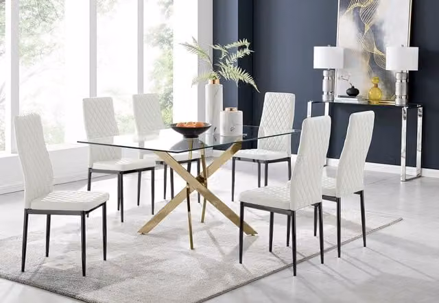FurnitureboxUK Leonardo White Dining Table with 6 Milan Black Leg Chairs and Glass Top, W/D/H: 150 x 90 x 75 cm