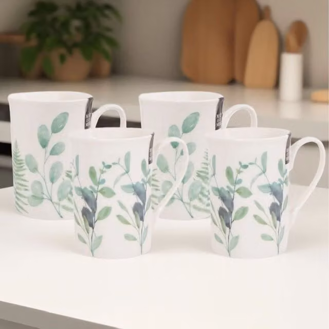 Mad About Mugs Set of 2 Botanical Eucalyptus New Bone China Mugs, 270 ml, Beige, Green and White