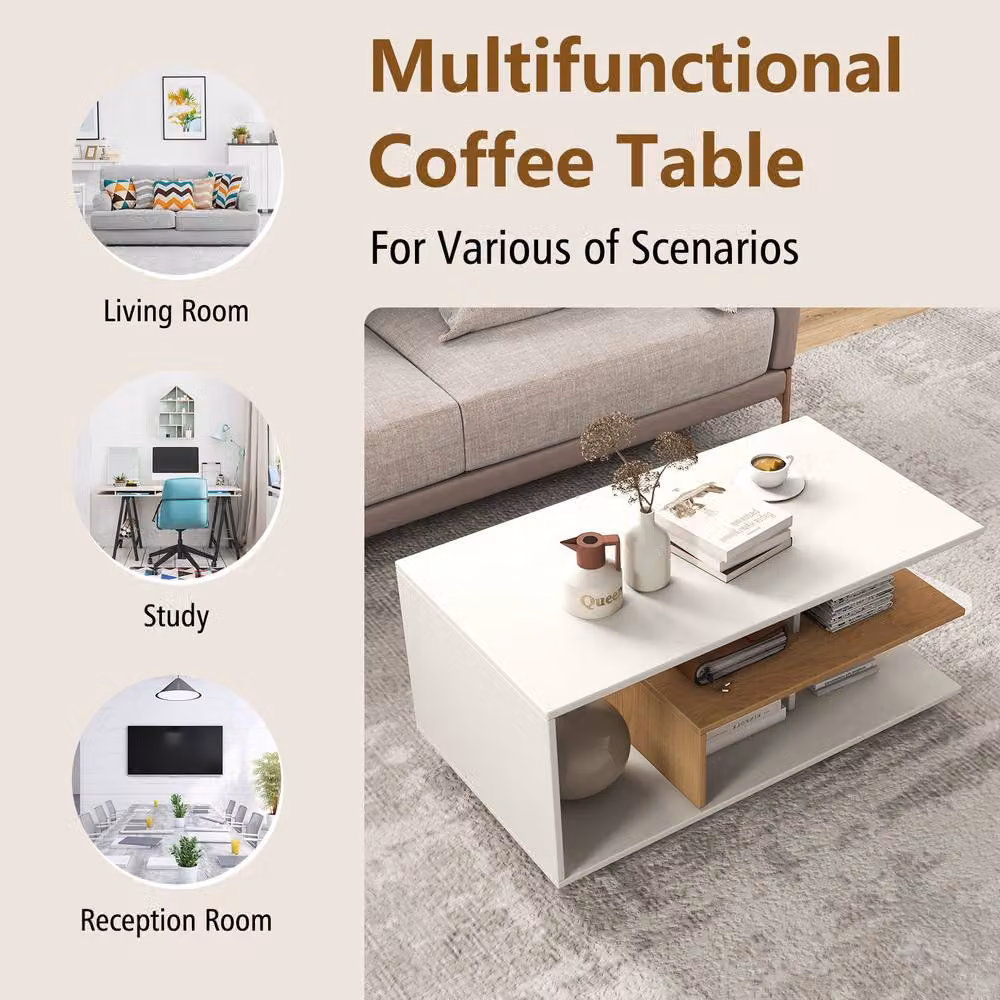Costway Modern Rectangular Wooden Coffee Table with L-shaped Middle Shelf in White – 4