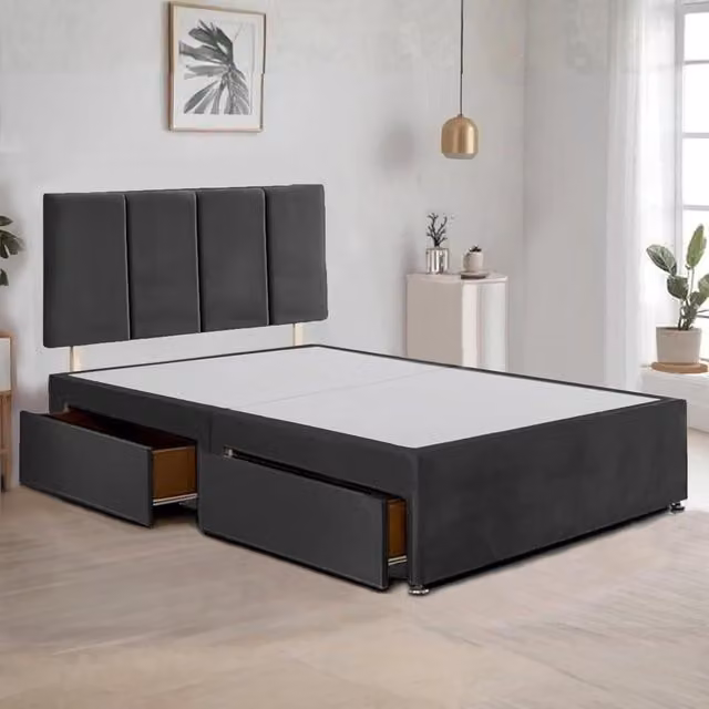 Bed Time UK Plush Velvet Divan Bed Frame with 2 Drawers and 20 inch Vertical Line Headboard in Black, W/D/H: 140 x 200 cm
