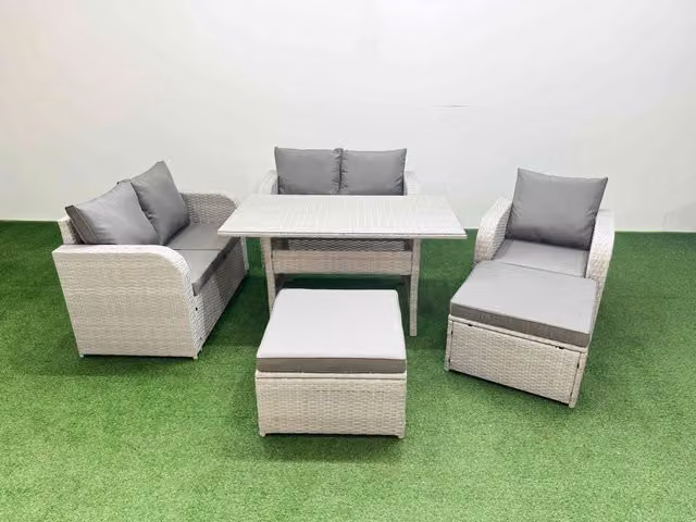 Fimous Grey Poly Rattan Garden Furniture Set with Reclining Chair, Loveseat Sofa, Rectangular Dining Table and 2 Stools