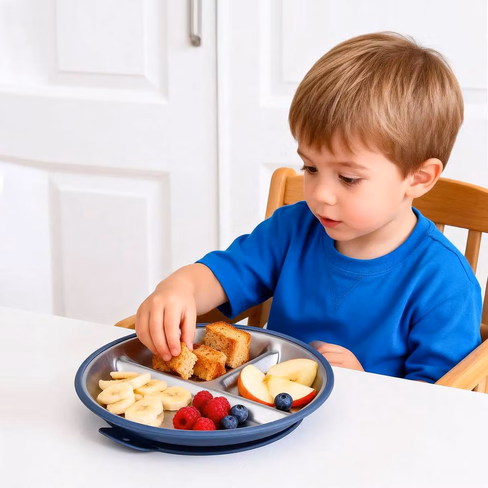 Greentainer 3-Piece Blue Stainless Steel Divided Plate Set with Silicone Suction Base – 6