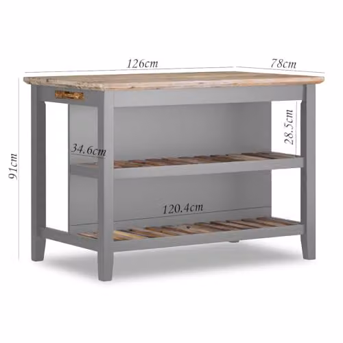 Statement Furniture Florence Breakfast Bar Kitchen Island with Acacia Wood Top and Slatted Shelves in Dove Grey, W: 126 cm, D: 78 cm, H: 91 cm – 2