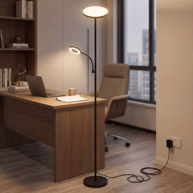 Emitto Mother and Child Floor Lamp Uplighter in Black with Remote Control and Adjustable Reading Light