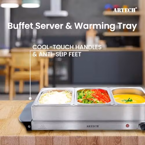 Trendi Electric Buffet Server in Silver with 4 Stainless Steel Trays and Adjustable Temperature Control, W/D/H: 36.5 x 36.5 x 14.0 cm – 5