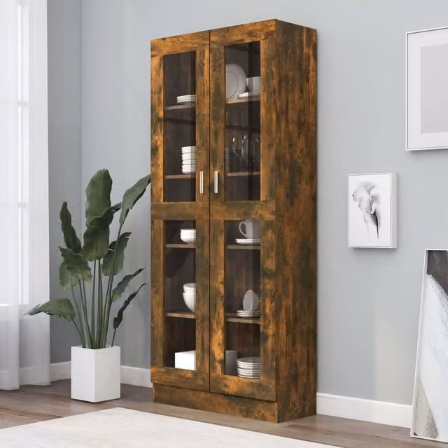 Berkfield Home Vitrine Cabinet in Smoked Oak, Brown, W/D/H: 82.5 x 30.5 x 185.5 cm