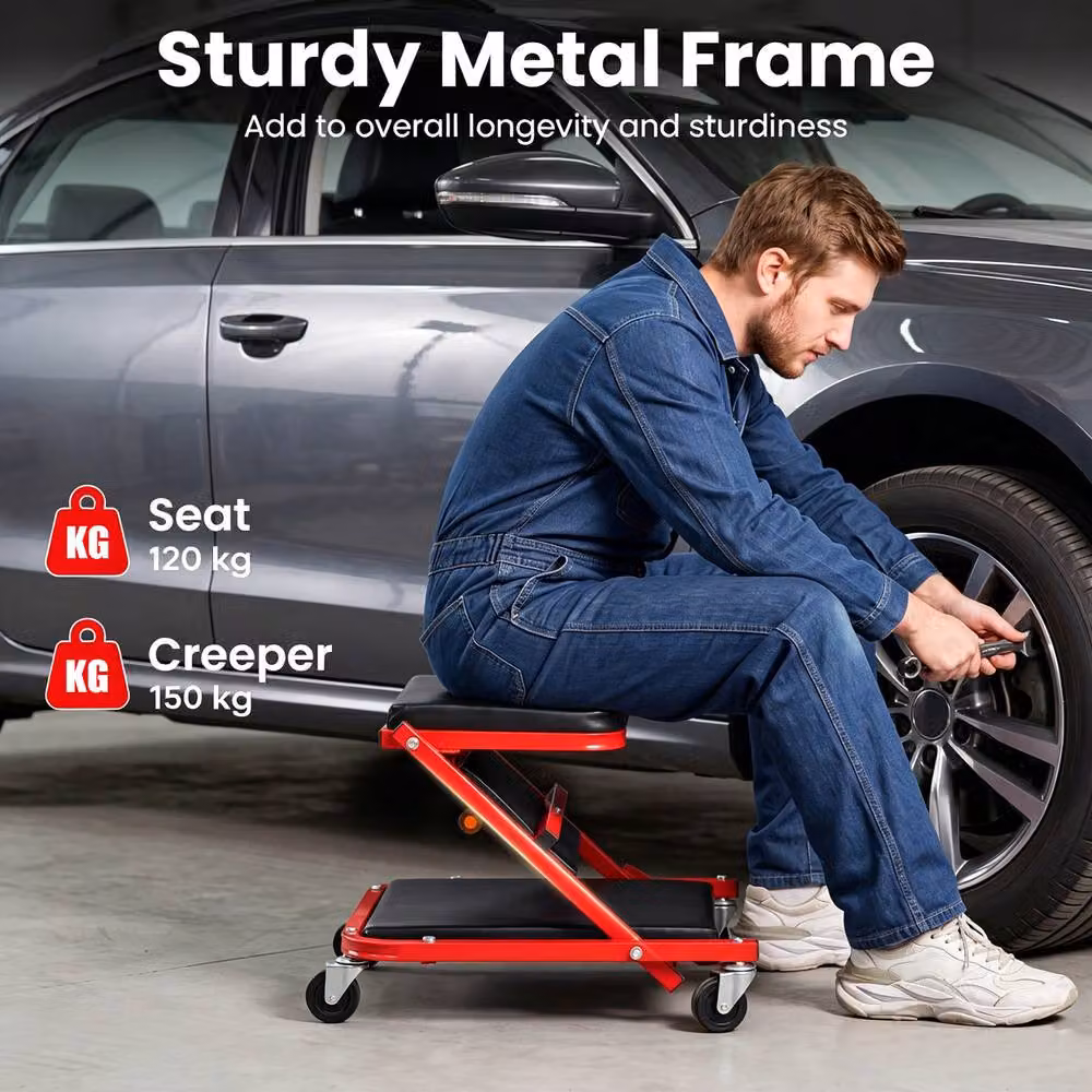 Costway 2-in-1 Rolling Folding Creeper Seat and Garage Chair, Red, 101.6 cm – 5