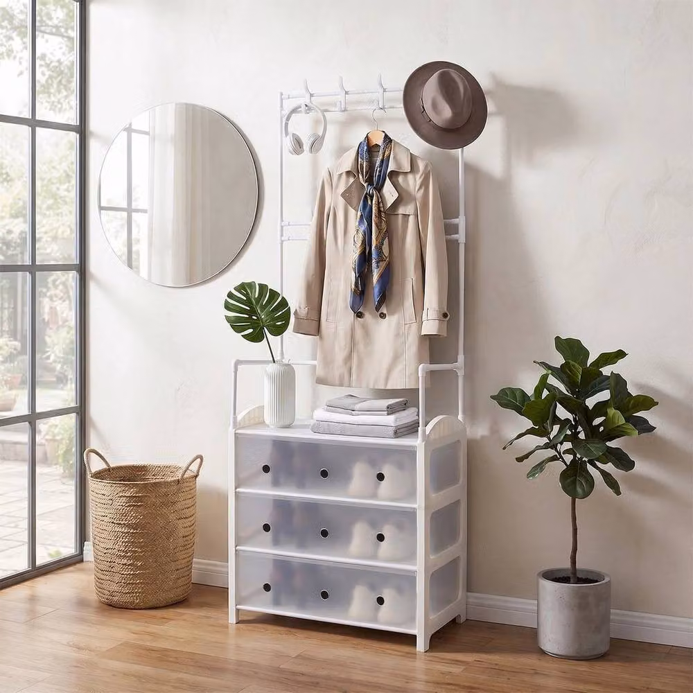 KORVIXA 4 Tier Coat Rack and Shoe Storage Shelf in White, Width: 90 cm – 3