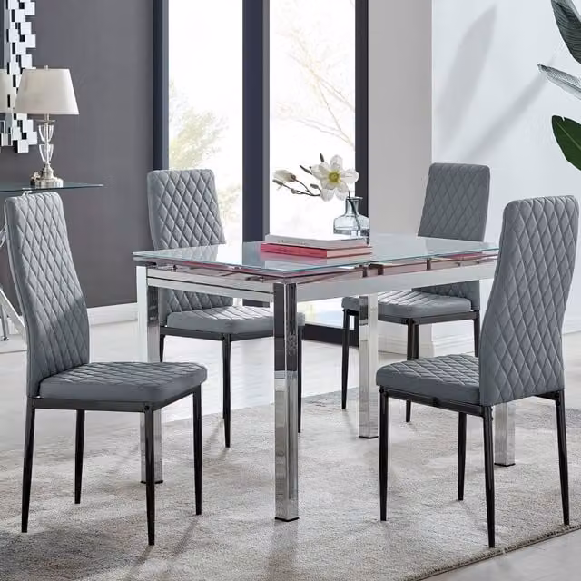 FurnitureboxUK Enna White Glass Extending Dining Table and 4 Milan Black Leg Synthetic Leather Chairs in Grey