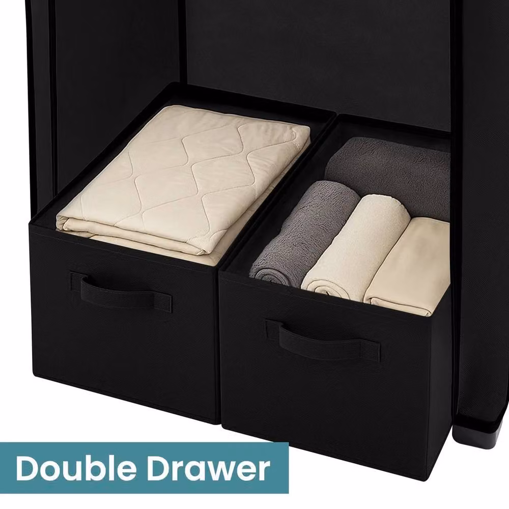 KORVIXA Portable Fabric Wardrobe in Black with Integrated Drawers and Hanging Rod, W/D/H: 100 x 100 x 100 cm – 3
