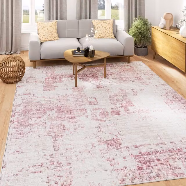 The Rug House Abstract Modern Washable Rectangular Rug in Pink and White, Width: 190 cm