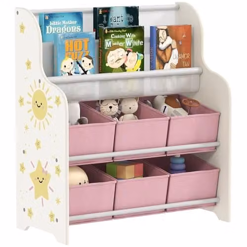 AIYAPLAY Kids Toy Storage Unit with 6 Fabric Drawers and 2-Tier Sling Rack, Pink