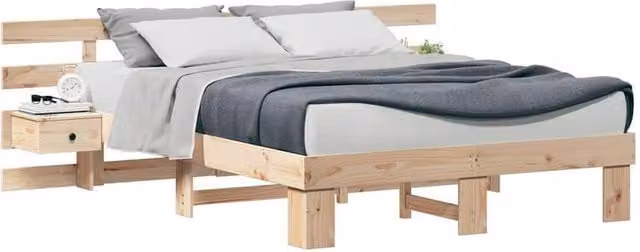 Berkfield Home Modern Bed Frame and Nightstand Set in Brown and Natural Solid Pine Wood, W/D/H: 140 x 200 cm