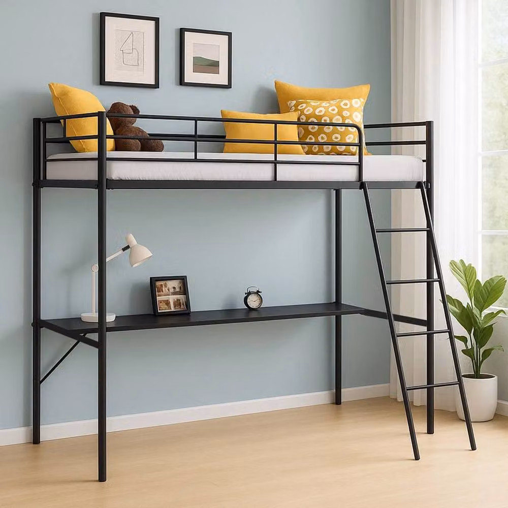 KORVIXA Metal Single Loft Bed Frame with Desk and Under-Bed Lighting in Black, Size: 90 x 190 cm – 4