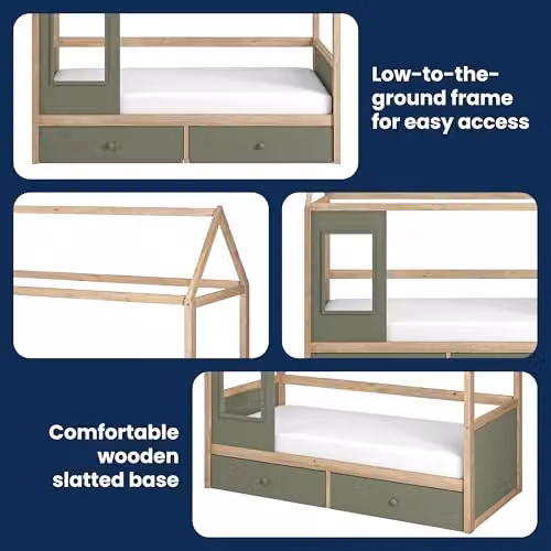 Flair Furnishings Kids House Bed Frame with Storage Drawers in Khaki Green – 2
