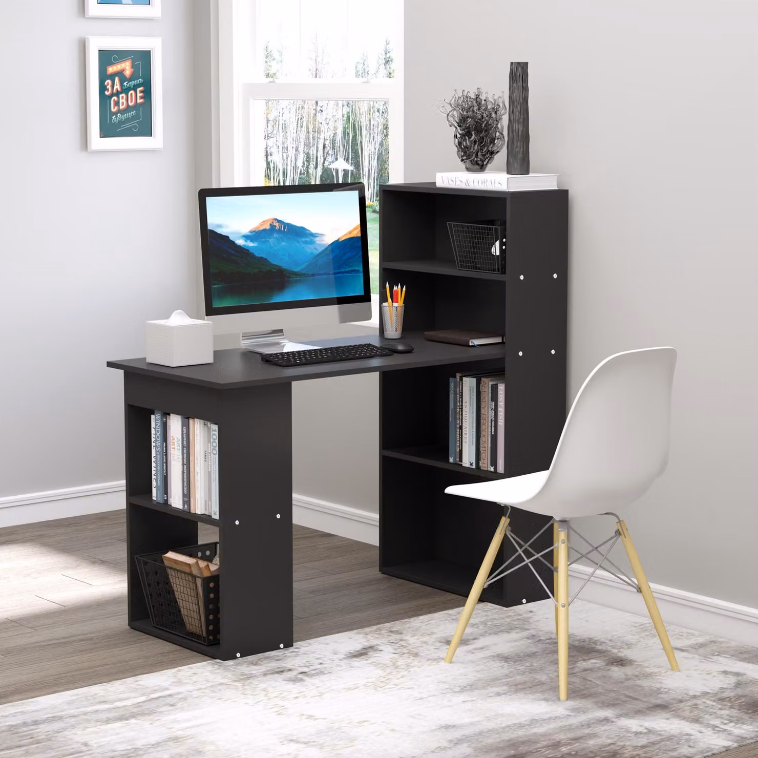 HOMCOM Modern Computer Desk and Bookshelf with 6 Shelves, Black – 2