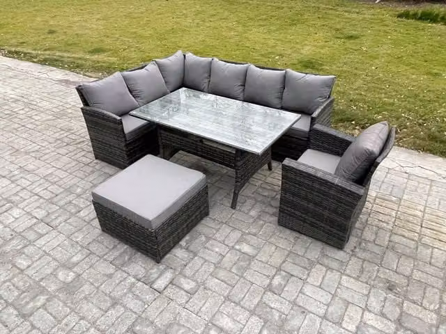 Fimous 8 Seater Outdoor Rattan Garden Furniture Set in Dark Grey with Rectangular Dining Table, Armchairs, Corner Sofa and Footstool