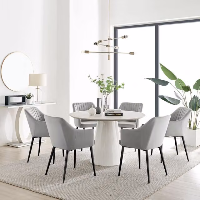 FurnitureboxUK Palma Beige Stone Effect Round Dining Table and 6 Calla Black Leg Chairs in Grey