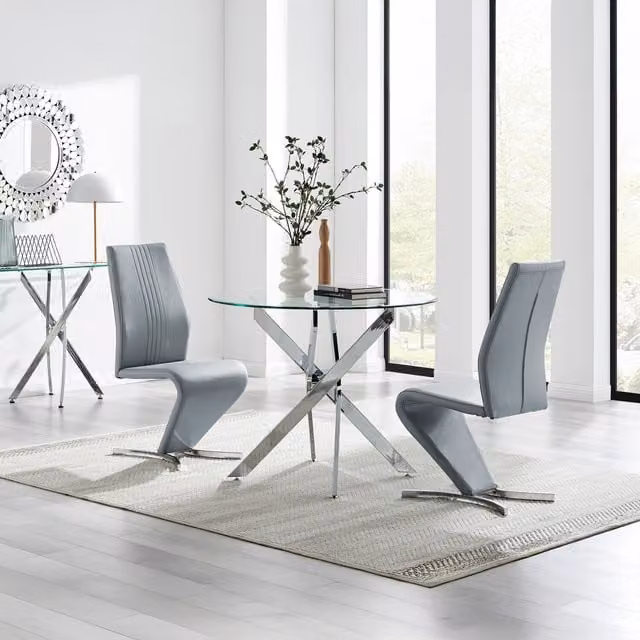 FurnitureboxUK Novara Round Glass Dining Table and 2 Willow Chairs in Grey, Diameter: 100 cm