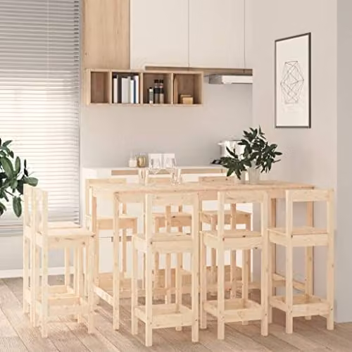 vidaXL 9 Piece Rustic Brown Solid Wood Pine Bar Set with Rectangular Table and Chairs – 2