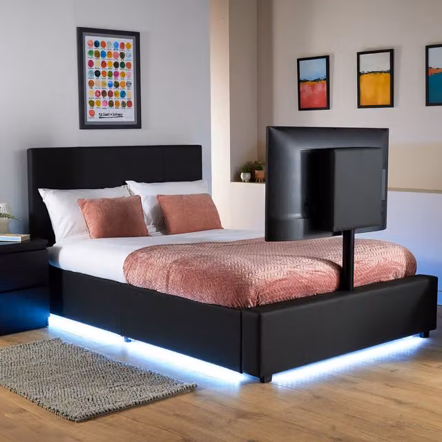 XR Living Ava Upholstered TV Bed with LED Lighting in Black, Small Double (W/D/H: 120 x 200 cm)