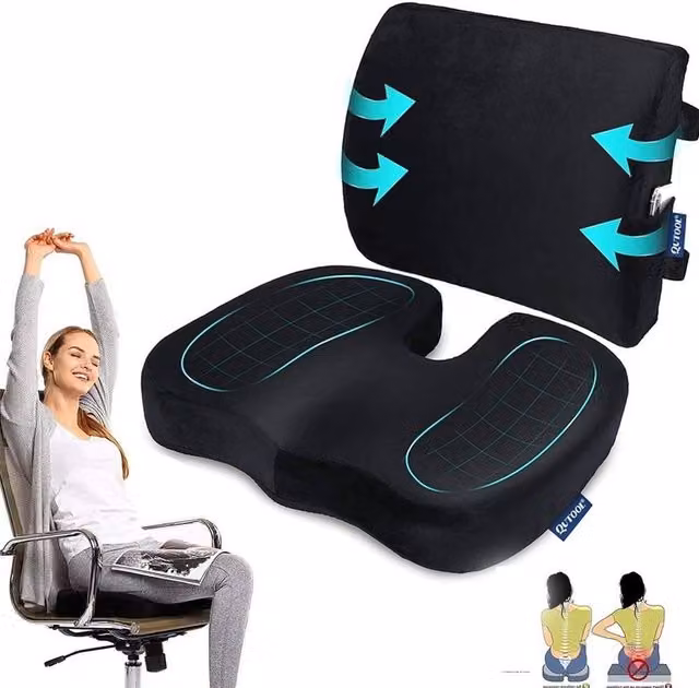 FLAVORA Black Memory Foam Lumbar Back Support and Seat Cushion Set with Breathable Velvet Removable Covers