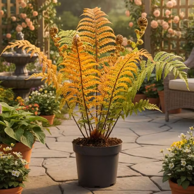 Plants By Post Dryopteris Jurassic Gold Fern in a 3L Pot, Golden-Orange and Green