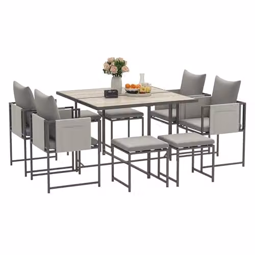 Outsunny 9 Piece Grey Garden Dining Set with 8 Seater Square Plastic Top Table, Chairs and Stools – 1