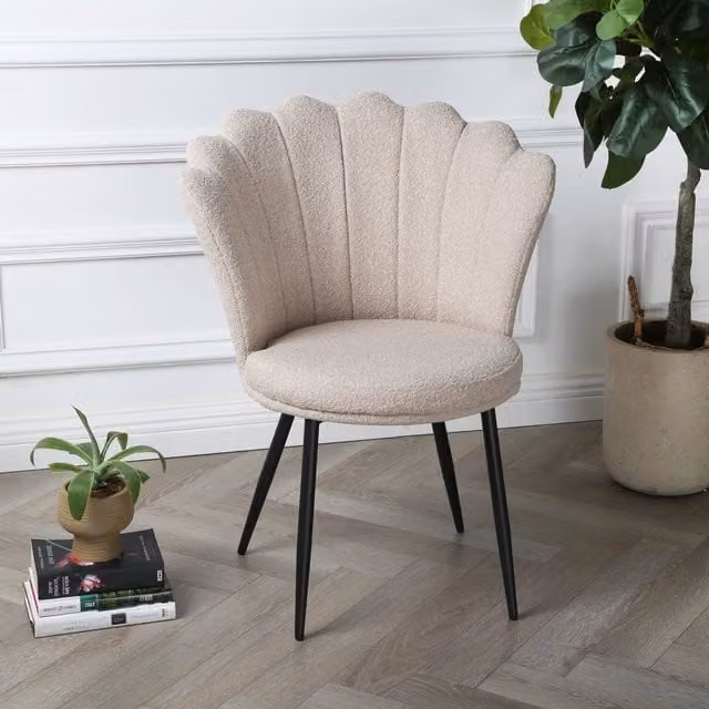 Home Garden Direct Mini Flora Occasional Chair in Beige Boucle Fabric with Floral Shell Backrest, H 84 x W 63 x D 47 cm